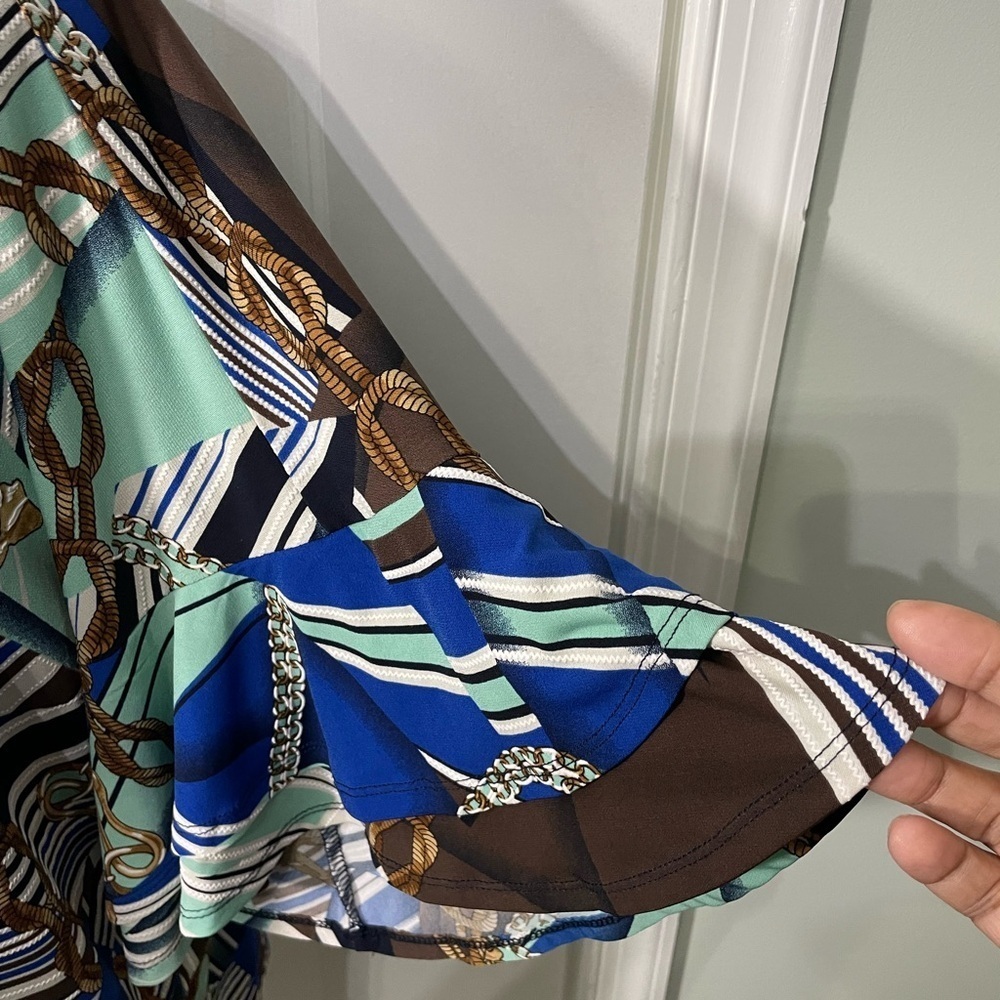 Sami & Jo Blue and Brown Geometric Blouse Size Large CB-AM - Picture 4 of 7
